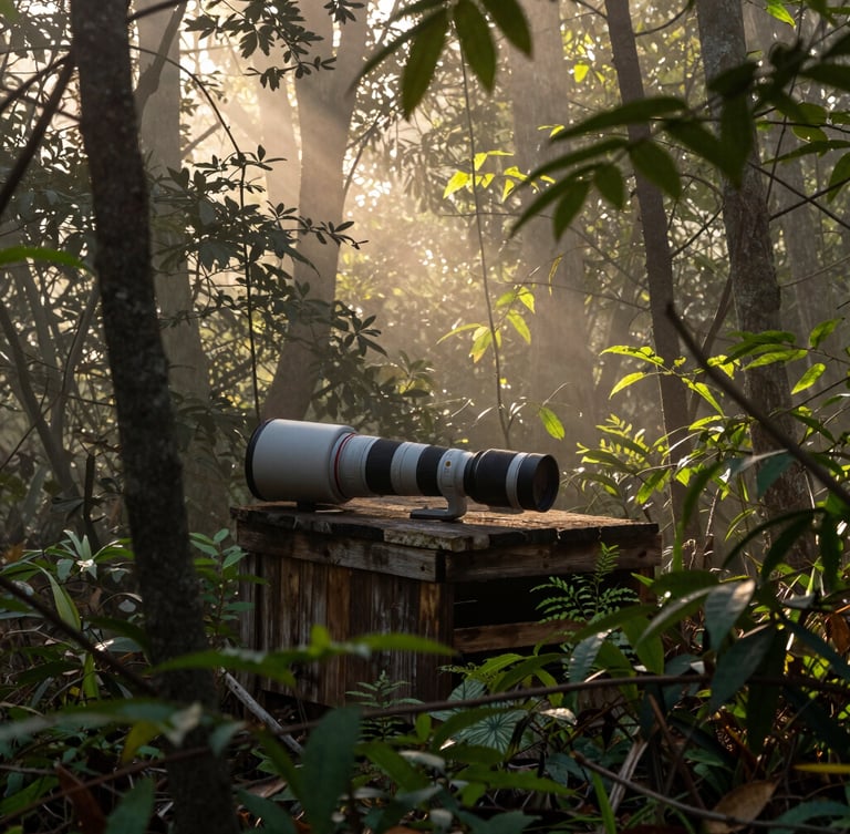 A sunlit wooden photography hide nestled quietly among dense forest trees, telephoto lens barrel slightly visible, misty morning light filtering through leaves.