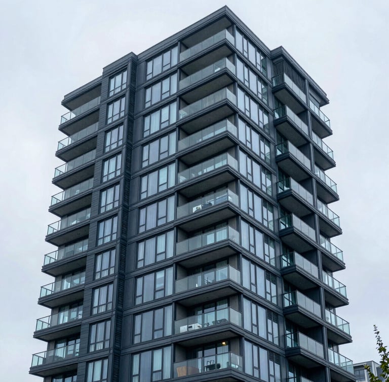 Sharp architectural photography of a modern Vancouver condominium facade, bright overcast daylight, cool blue tones, high clarity, 35mm
