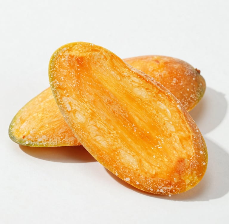 Macro shot of vibrant orange dehydrated mango slices showing detailed cellular texture, bright natural daylight, clean minimalist light background