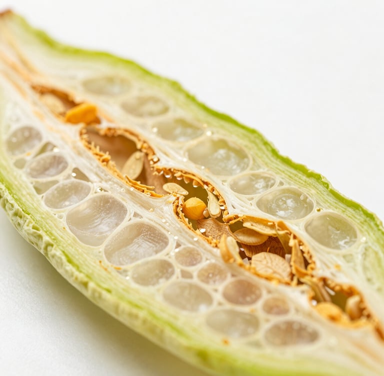 Macro close-up of dehydrated vegetable cell walls under clean bright daylight, showing preserved organic structure and zero thermal damage, technical food science style