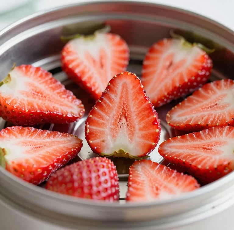 Macro close-up of vibrant red strawberry slices inside a clean stainless-steel dehydration chamber, crisp natural daylight, showing fine cellular structures