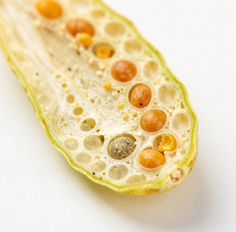 Extreme macro shot of dehydrated vegetable cell structure under soft natural daylight, showing crisp botanical textures and vibrant colors, clean minimalist background.