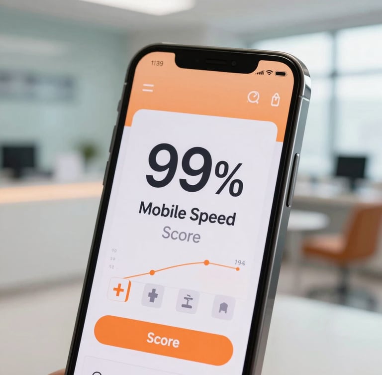 Close-up of a modern smartphone screen displaying a 99% mobile speed score, clean UI with orange accents, bright natural lighting, clinic reception background out of focus.