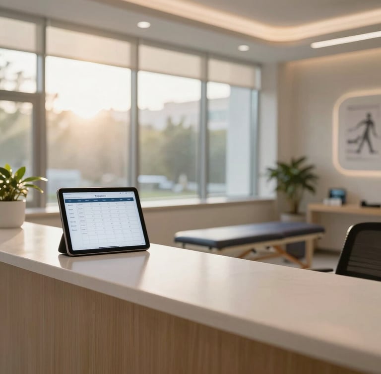 Wide-angle portrait of a modern physical therapy clinic reception desk, warm morning light filtering through large windows, a clean tablet displaying a booking calendar on the counter, professional and clinical atmosphere.