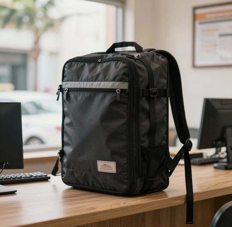 Dynamic medium shot of an organized delivery dispatch counter in Salvador, a thermal backpack ready, warm natural daylight coming through the window.