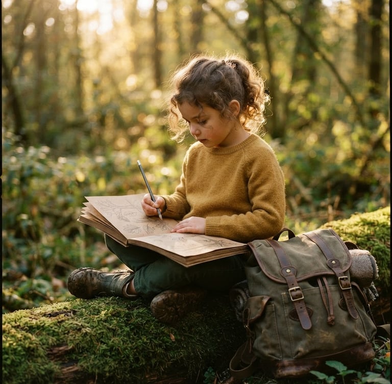 A child sketching in a textured notebook outdoors, sitting on a mossy log next to a durable green canvas backpack, warm natural golden hour light, soft shadows, shallow depth of field, 35mm film