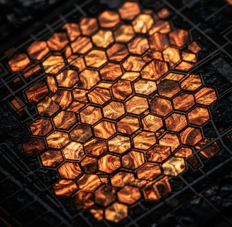 Macro shot of liquid crystal array glowing with copper light, against a deep obsidian background, technical grid lines overlaid, dark alchemical photography, dramatic low-key copper lighting, extreme close-up