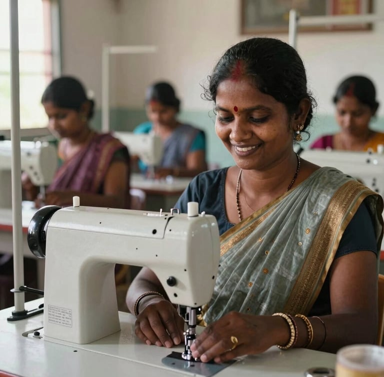 A medium environmental portrait of a rural Tamil Nadu woman smiling while operating a modern sewing machine in a sunlit training center