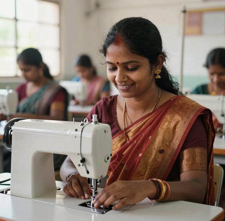 Active environmental portrait of a woman in Tamil Nadu, smiling, operating a modern sewing machine in a bright, naturally lit vocational training center.