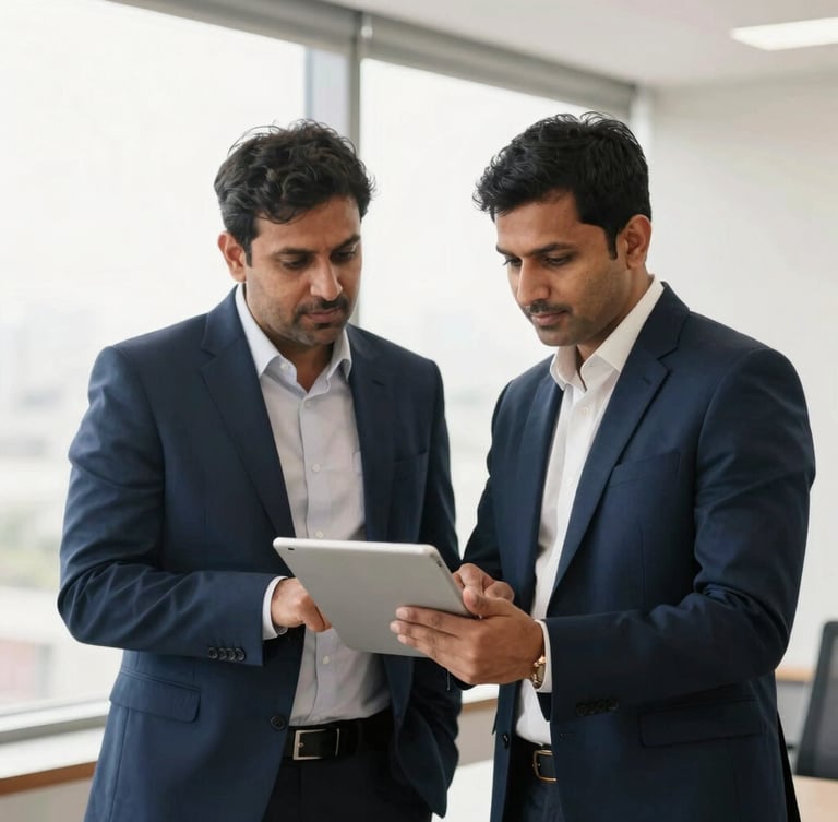 Professional candid portrait of financial advisors collaborating over a tablet in a bright Gurugram office, soft natural daylight, desaturated navy tones, sharp focus