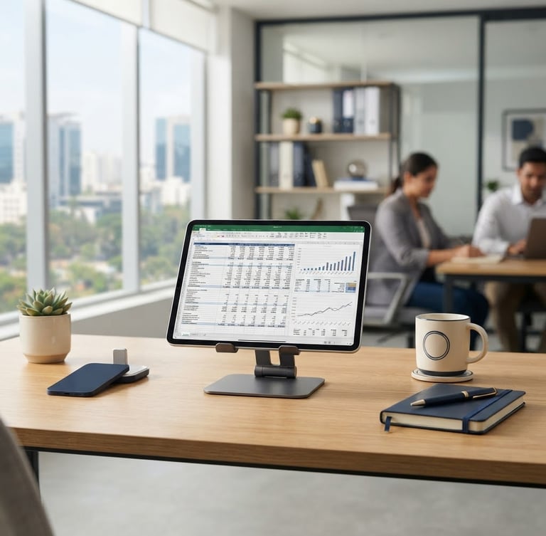 A bright, modern office in Bengaluru, clean desk with a tablet displaying financial ledgers, natural daylight, desaturated navy and cream tones, professional atmosphere.