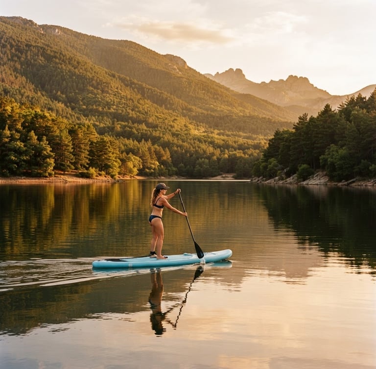 A wide 35mm portrait of a paddleboarder gliding on the calm, reflective waters of El Pontón Alto reservoir in Segovia, surrounded by deep green pine trees under warm golden hour sunlight.