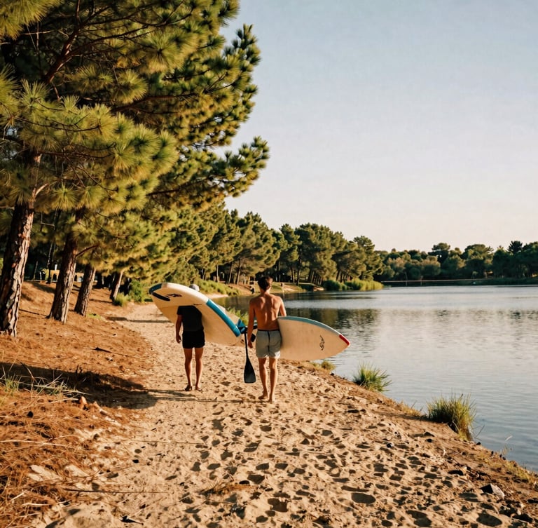 A warm editorial 35mm photo of two friends carrying paddleboards along a sandy path lined with pine trees toward a calm reservoir in Segovia under soft afternoon sun.