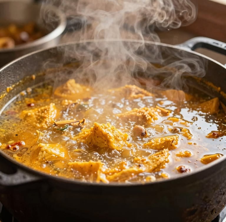 Close-up of a traditional Reunionese Cari simmering in a black cast-iron pot, steam rising, warm golden kitchen lighting, intimate shallow depth of field.