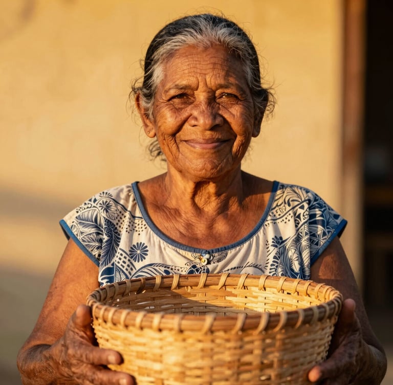 Close-up portrait of an elder Reunionese woman smiling warmly, holding a traditional woven basket, warm golden-hour light