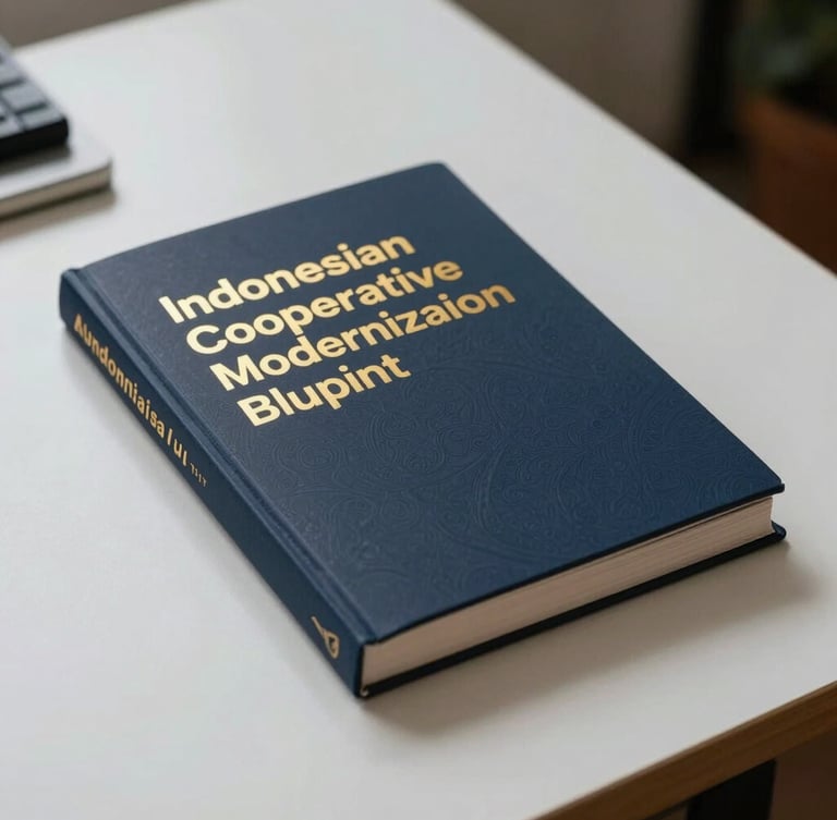 Authoritative book mockup of Indonesian Cooperative Modernization Blueprint, gold foil accents on dark navy cover, resting on a clean minimalist desk