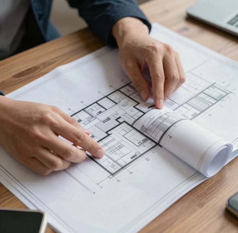 Close-up of hands analyzing a clean, high-contrast architectural blueprint and financial spreadsheet on a wooden desk, daylight, professional editorial style.