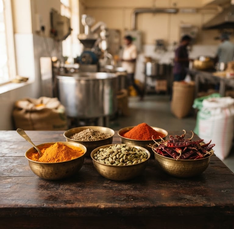 Wide shot of raw, vibrant Indian spices (turmeric, cardamom, chili) arranged neatly in brass bowls on a dark wooden surface, with a blurred background of clean stainless steel industrial food processing equipment, warm natural side-light, rich earth tones, shallow depth of field, 35mm lens.