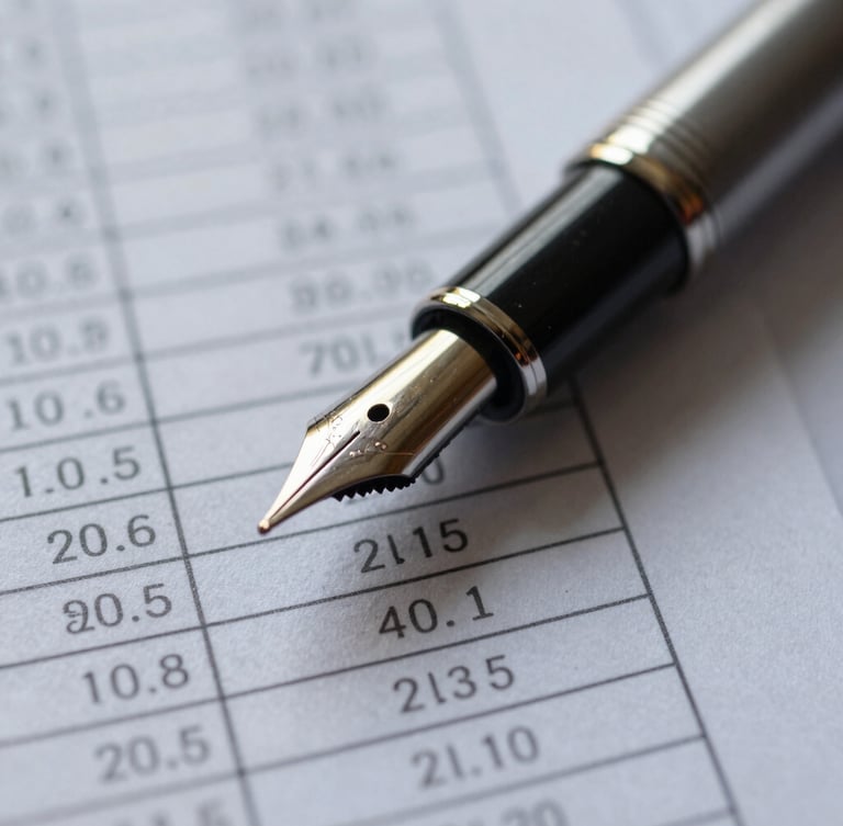 Extreme close-up macro shot of a fountain pen resting on highly detailed financial spreadsheets with structured data tables, cool daylight