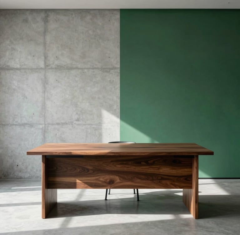 Sunlit empty modern workspace with a walnut desk, clean concrete wall, minimal architectural lines, sharp 35mm photography