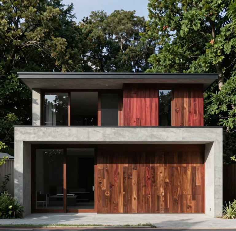 Flat-on orthographic elevation of a modern concrete and walnut dwelling in sharp natural daylight with deep shadows, 35mm photographic style.