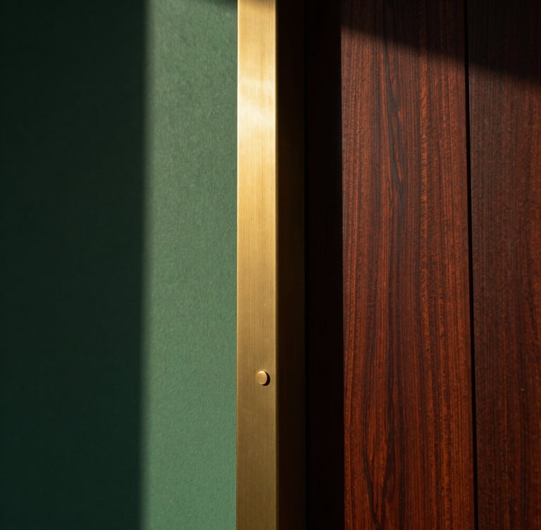 Editorial architectural photography of a premium material transition, brushed brass meeting dark walnut wood, low-angle golden hour light casting deep shadows, 35mm.