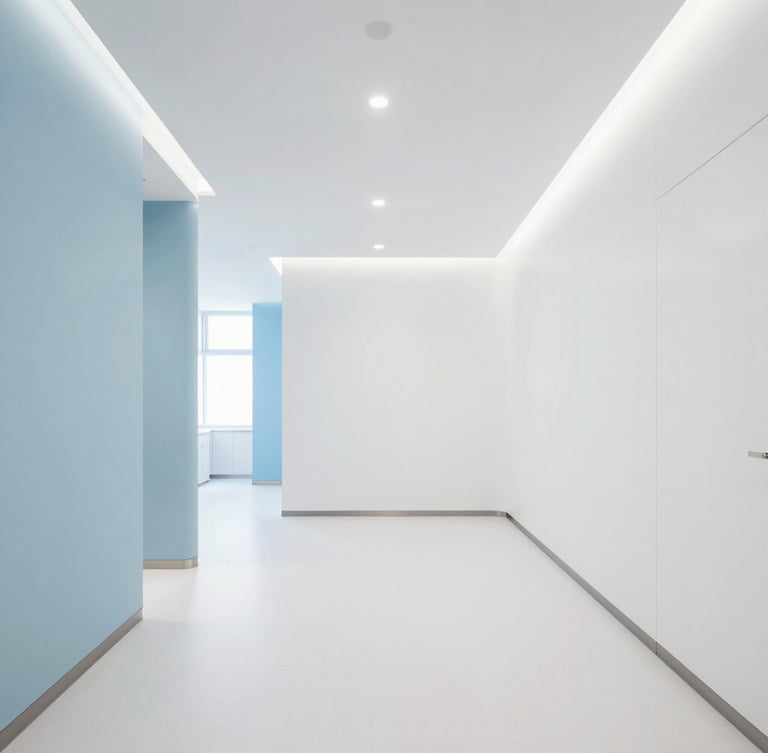 Wide-angle architectural view of a pristine, modern UK dental clinic interior, white walls, soft blue accents, natural daylight, no people, high-end editorial photography, expansive negative space on the left.
