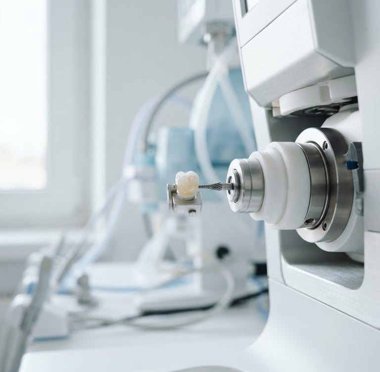 Macro shot of modern dental technology, pristine, clinical white and soft blue tones, sharp focus, natural daylight, high-end architectural lens, off-center to the right.