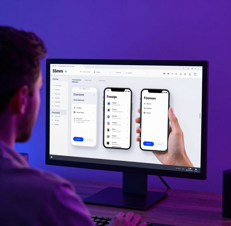 Over-the-shoulder view of a game developer analyzing a clean mobile UI wireframe on a high-end monitor, moody neon violet and blue backlighting, 35mm