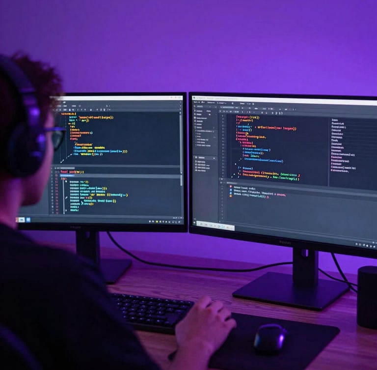 Over-the-shoulder view of a game developer analyzing complex Unity engine code on dual monitors, moody purple backlighting, Austin studio setting, sharp focus, 35mm.