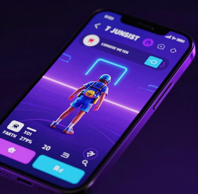 Macro high-contrast photograph of a mobile smartphone screen displaying a vibrant 3D game interface, sharp neon indigo and violet ambient lighting, dark studio background, 35mm.