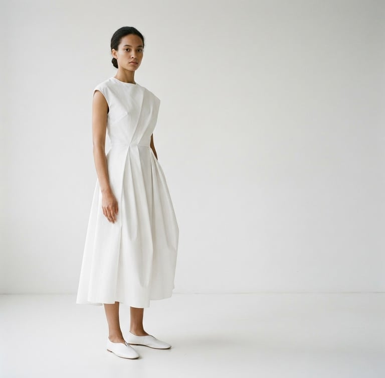 A minimalist fashion photograph of a model wearing a structurally precise, unembellished white garment, soft natural daylight, clean white background, focus on silhouette and drape, plenty of negative space to the right.