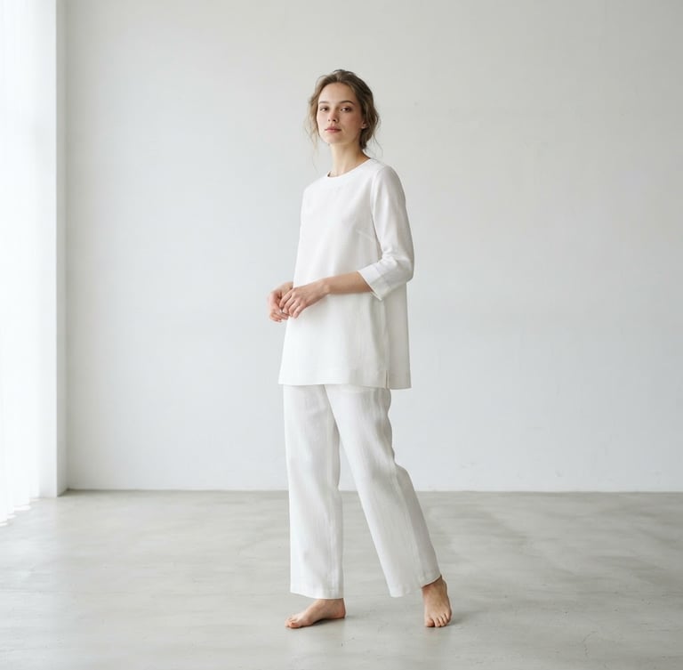 Model wearing a minimalist white cotton-silk tunic with clean lines, standing in a spacious, light-filled studio with soft diffused natural daylight, plenty of negative space, 85mm lens, sharp focus.