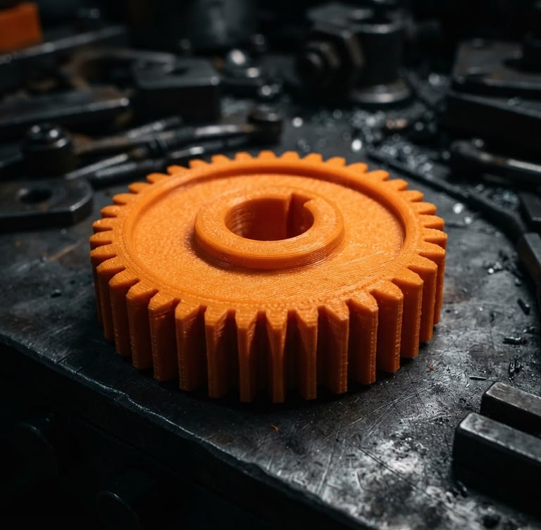 Macro photography of a high-precision mechanical gear printed in orange FDM filament, showing crisp layer lines and dimensional accuracy, dark industrial background, dramatic side-lighting