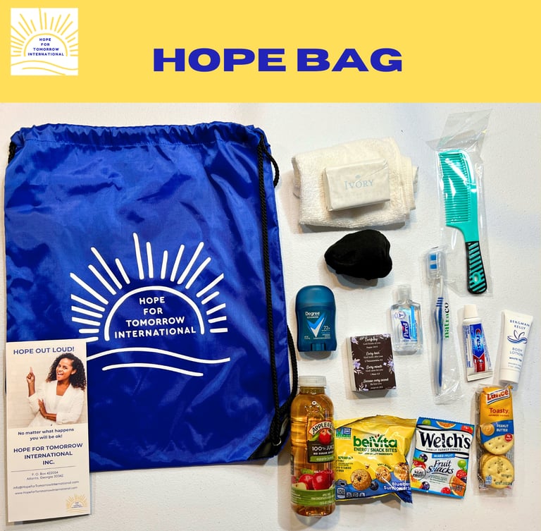 Bag and personal hygiene items given to people in need