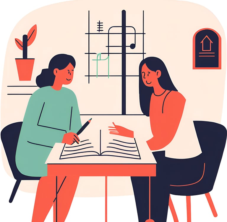 "Colorful animation of a teacher guiding a student with learning materials."