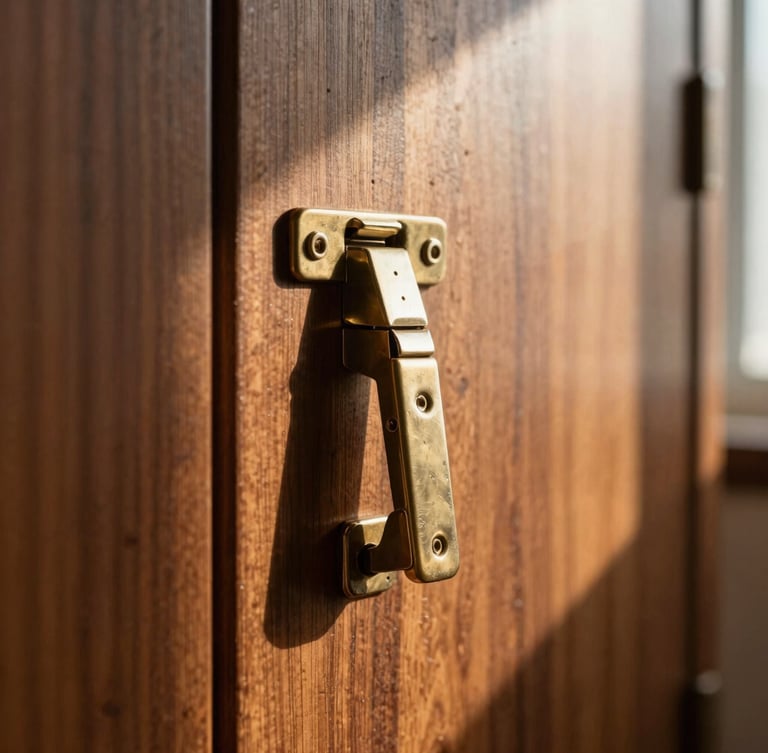 Macro photograph of a heavy, custom-milled brass hinge joint on a rich walnut cabinet, warm low-angle afternoon sun casting deep architectural shadows, shallow depth of field