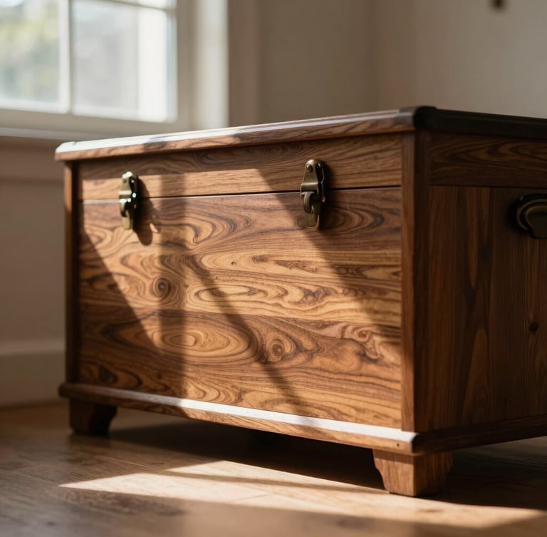 Warm editorial photography of a walnut storage trunk in a sunlit room, low-angle afternoon window light, deep shadows emphasizing rich wood grain, shallow depth of field.