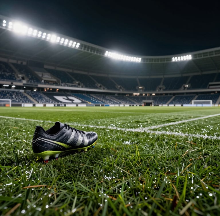 Wide panoramic macro shot of wet stadium turf and football boot studs to the left third, illuminated by dramatic high-contrast night floodlights, expansive deep shadows on the right.