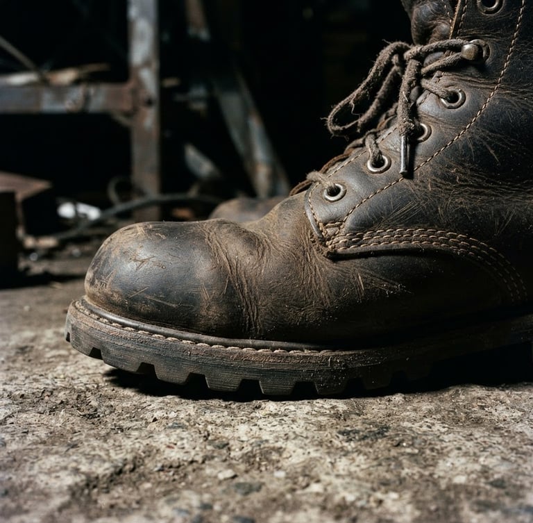 bota de segurança de couro de alta gramatura em concreto industrial, textura do couro em destaque, iluminação lateral de alto contraste, tons de carvão e couro quente, macro detalhe, 35mm