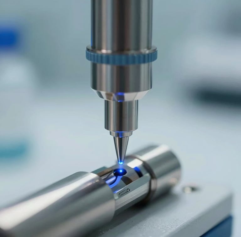 Macro close-up of a high-precision digital dry block calibrator probe inserting into a sterile metal sleeve, cool clinical lighting, shadow-free, sharp laser blue highlights, portrait aspect ratio.