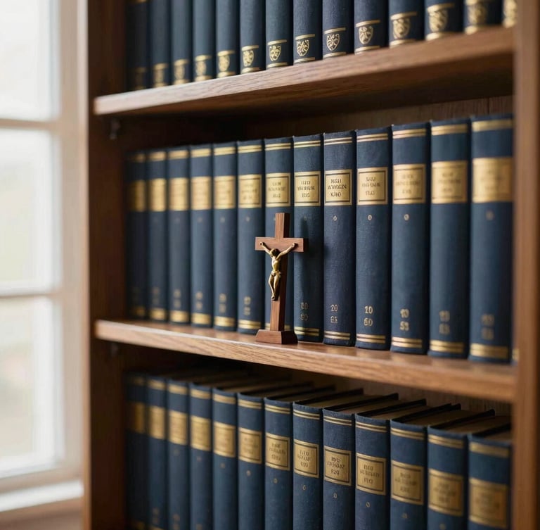 A beautiful home library bookshelf filled with elegant dark blue and gold books, a small wooden crucifix standing nearby, soft warm light, 35mm