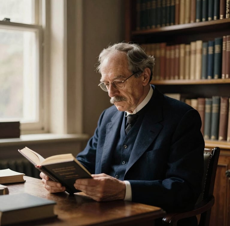Classic portrait of a Catholic writer in a quiet study room surrounded by bookshelves, soft warm daylight from a side window, reading a book, sepia-toned editorial styling