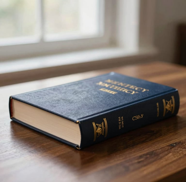Side profile of an elegant theological book cover with gold foil lettering, resting on a dark oak study desk, soft natural window light, shallow depth of field