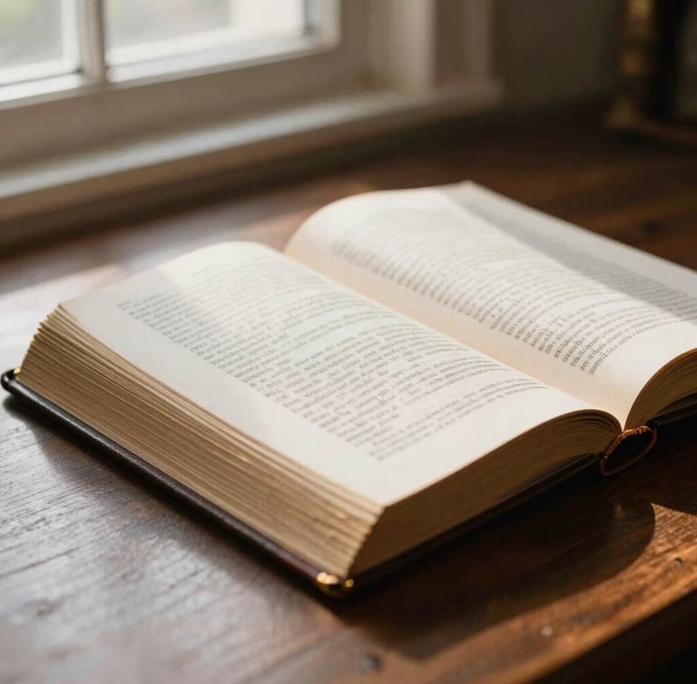 Close-up of an open classical leather-bound theological book on a dark wooden study desk, warm natural window light casting soft shadows, gold leaf page edges visible, 35mm photography