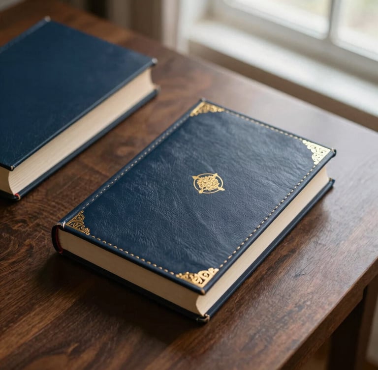 Overhead flatlay of premium leather-bound books with gold foil details on a dark oak desk, soft window light, warm editorial photography, 35mm