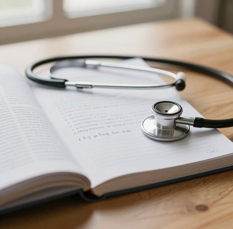 Close-up of a medical textbook, clean stethoscope, and neat handwritten notes on a warm oak desk, soft morning side light, shallow depth of field