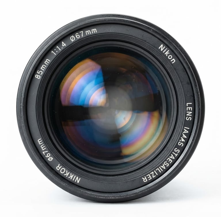Front element of a professional camera lens, extreme macro shot showing multi-coating reflections in blue and amber, sharp focus, clean white studio background