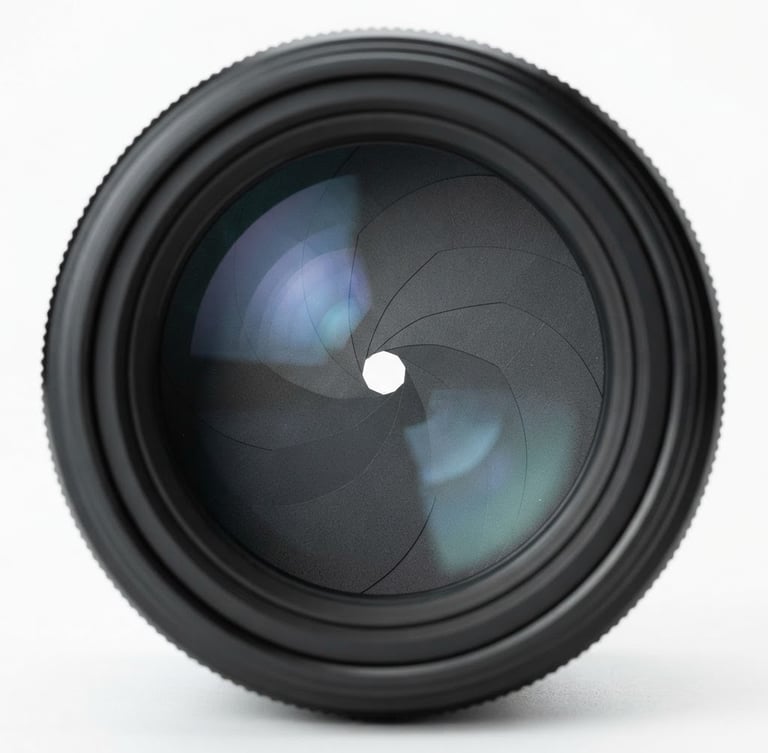 Extreme close-up of a professional camera lens front element, glass reflections, dust-free mechanical iris, high-key studio lighting, white backdrop