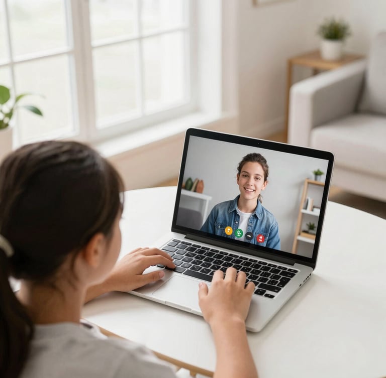 Over-the-shoulder shot of a young student focused on a laptop screen showing a live video lesson, bright natural light in a tidy modern living room